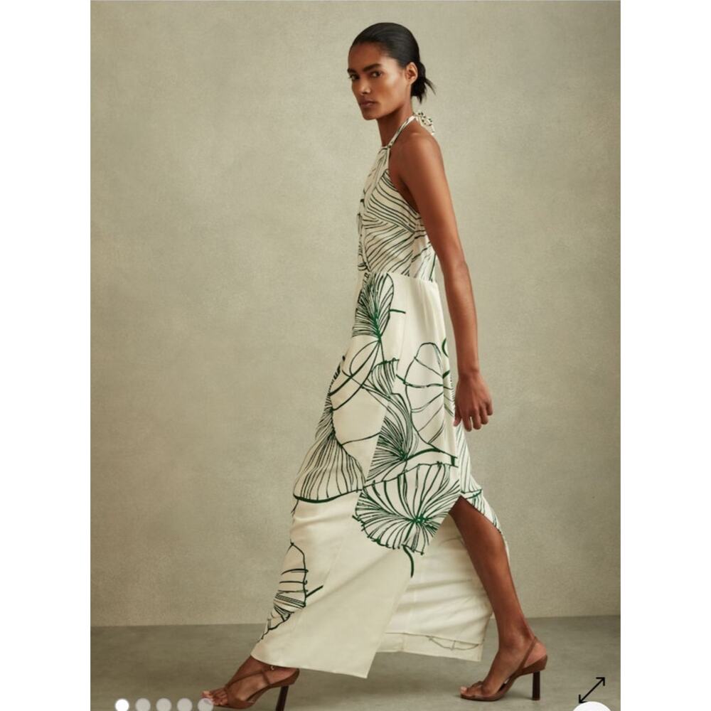 NWT: Reiss Lexi Floral Sketch Halter Neck Maxi Dress in White / Green